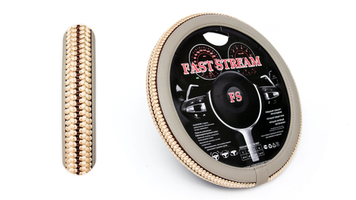 Оплетка руля M 37-38 см экокожа серая  Пояс  с бежевой плетеной вставкой в 2 ряда (FAST STREAM)