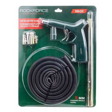 Пневмопистолет пескоструйный шлангового типа (3 сменных сопла, вход 1/4'', шланг 1.8м, расход воздуха 180л/мин, давление 6бар) в блистере RockForce RF-SB-02