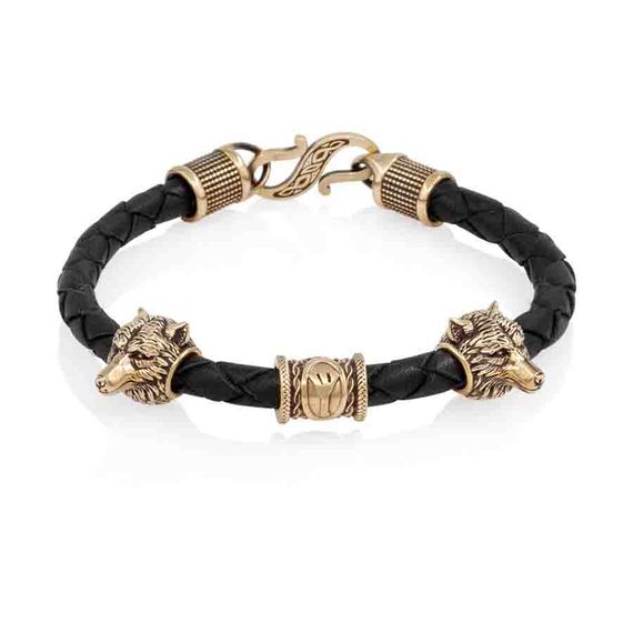 Браслет гайтан черный 5 мм с руной Альгиз и двумя шармами Волк Бронза, фото 1