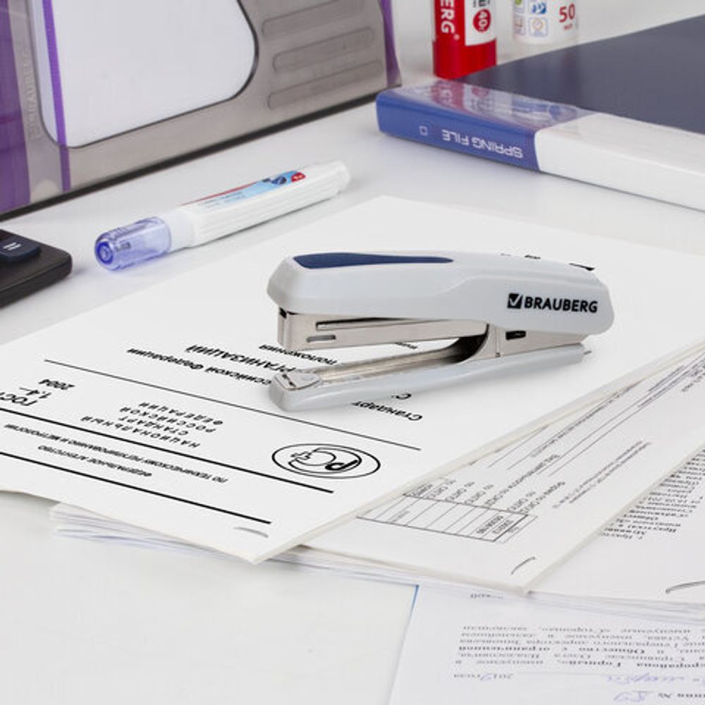 Степлер №10 BRAUBERG "Extra", до 20 листов, антистеплер, серо-синий, 229081