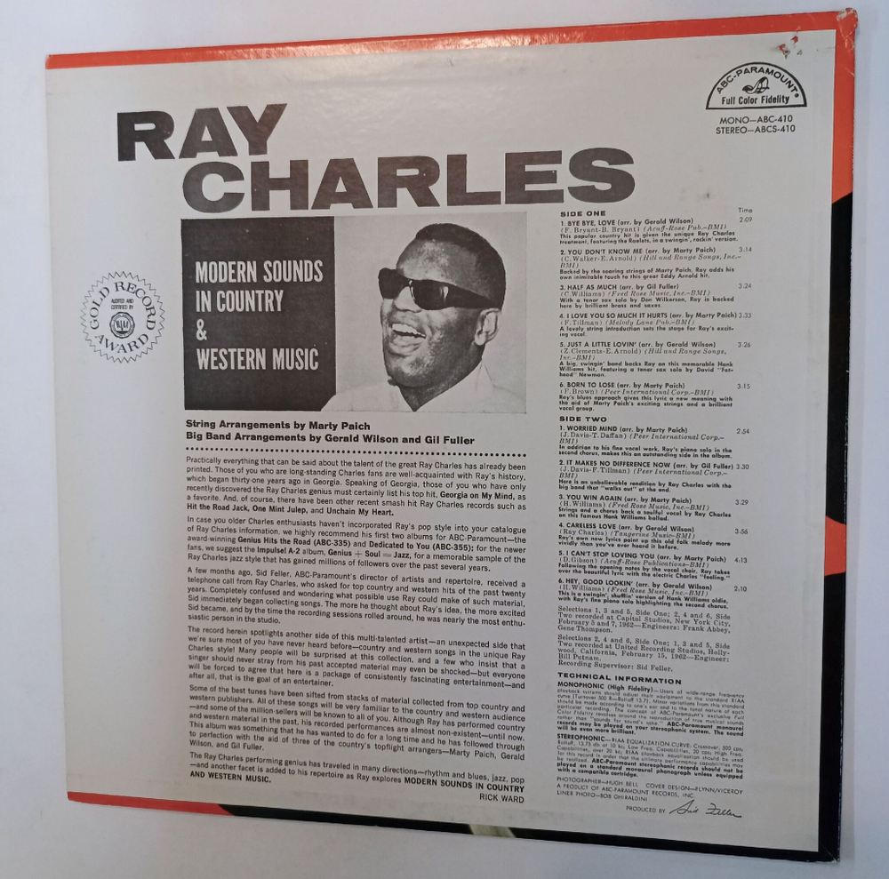 Винтажная виниловая пластинка LP Ray Charles Modern Sounds In Country And Western Music (USA 1962)