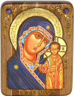 Икона "Казанская икона Божией Матери" на мореном дубе 15х20 см с нимбом из сусального золота в березовом киоте, 20х15см