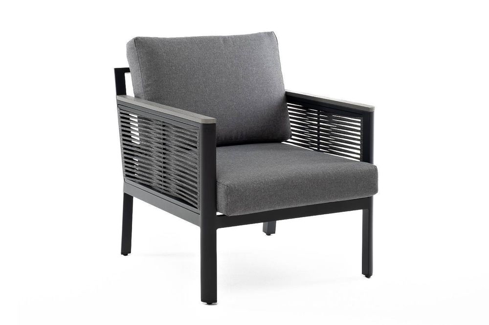 "Сан Ремо" кресло плетеное из роупа садовое, каркас алюминий темно-серый, роуп серый, ткань серая