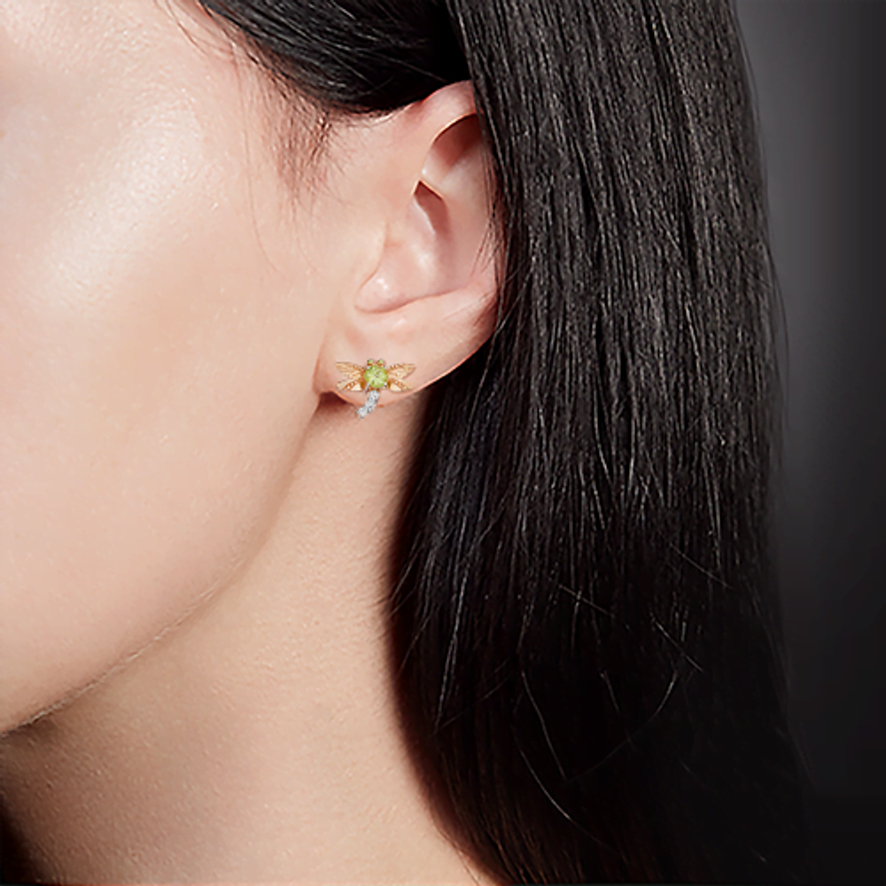 Серьги-пусеты «Стрекозы» из красного золота с хризолитом, натуральными топазами white и эмалью