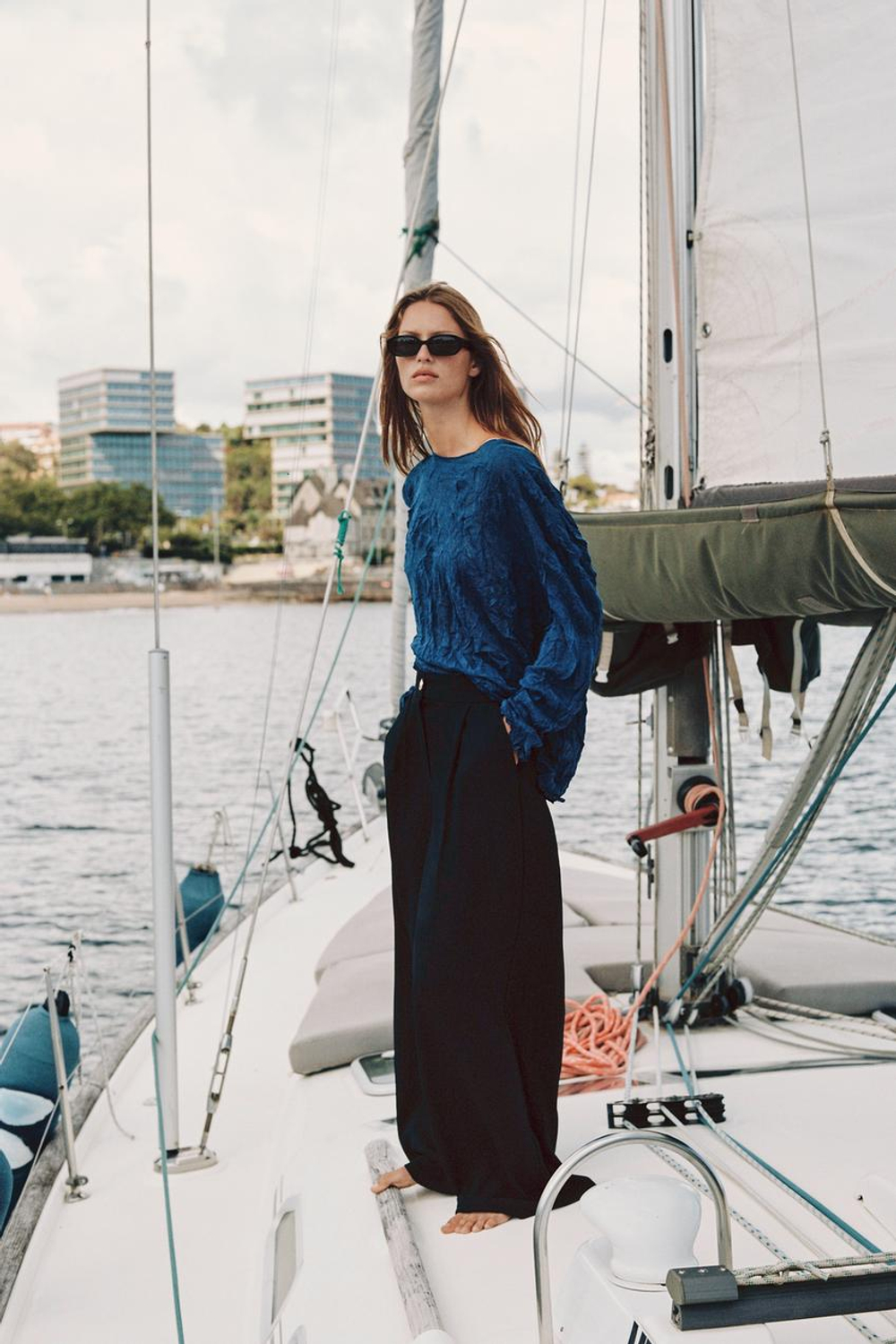 ZARA БРЮКИ ПАЛАЦЦО С ЗОЛОТИСТОЙ ПУГОВИЦЕЙ, МОРСКОЙ СИНИЙ