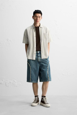 ZARA РУБАШКА ИЗ РЕЛЬЕФНОЙ ТКАНИ С ЭФФЕКТОМ ПОТЕРТОСТИ, КАМЕННО-СЕРЫЙ