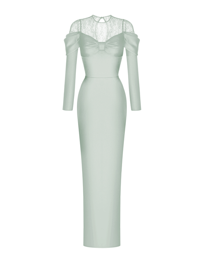 Платье макси из сатина и кружева с драпированными рукавами