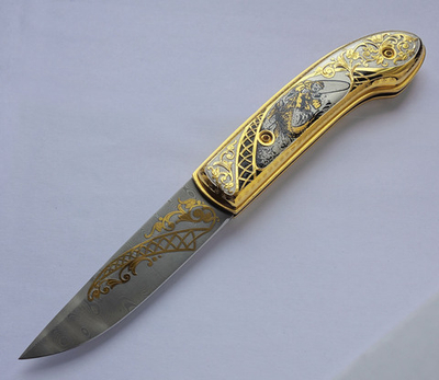 Нож складной дамасский "Рыбак и природа". Златоуст