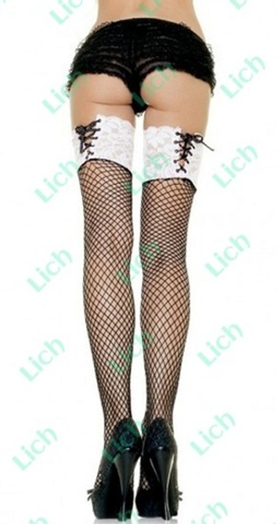 Чулки черные в сетку c белым кружевным верхом