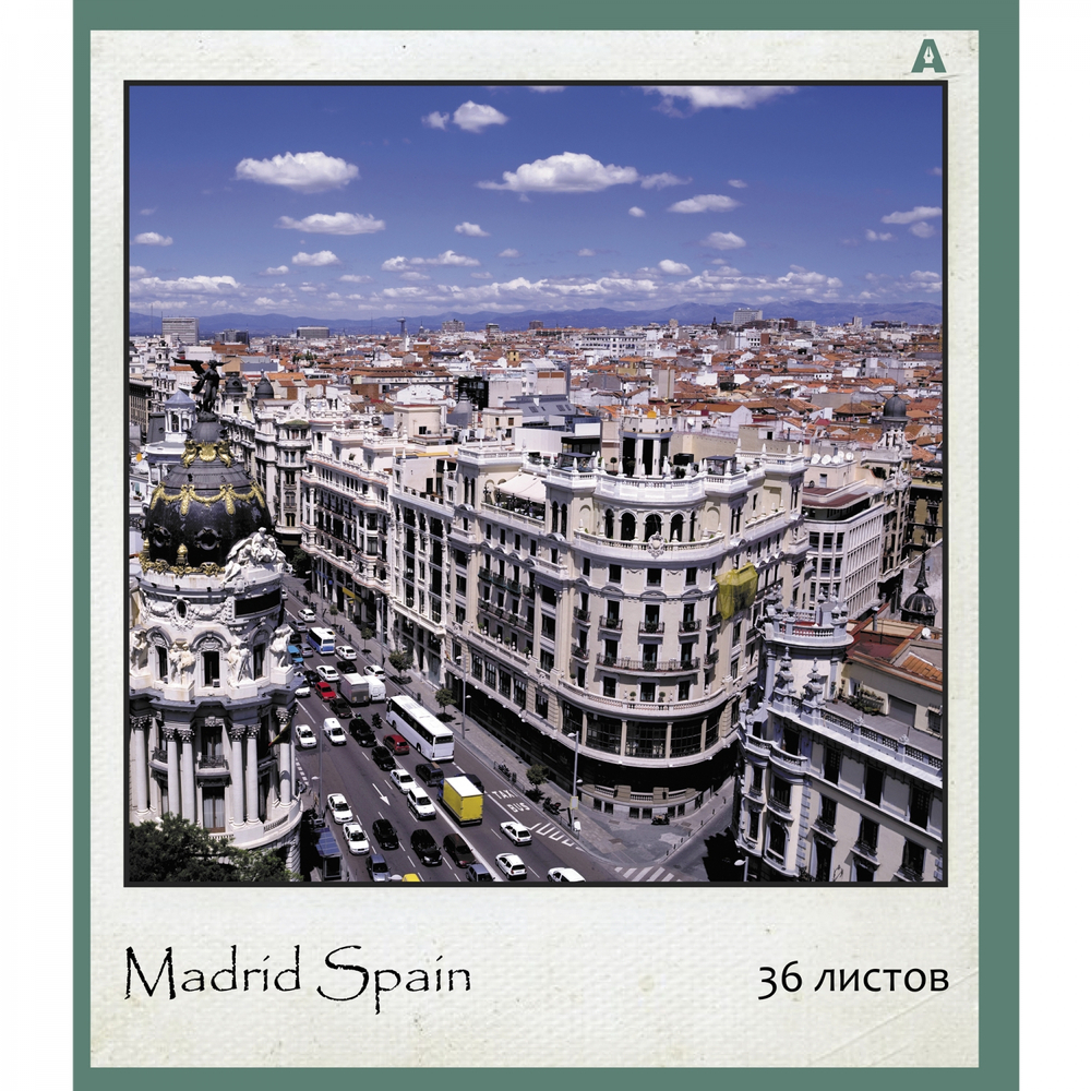 Тетрадь 36 л., А5, клетка, Alingar "Городские виды", скрепка, офсет, мелованная бумага, 5 дизайнов в пленке т/у