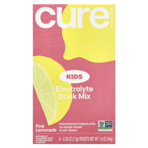 Cure Hydration, Kids, смесь для приготовления электролитов, розовый лимонад, 6 пакетиков по 7,3 г (0,26 унции)