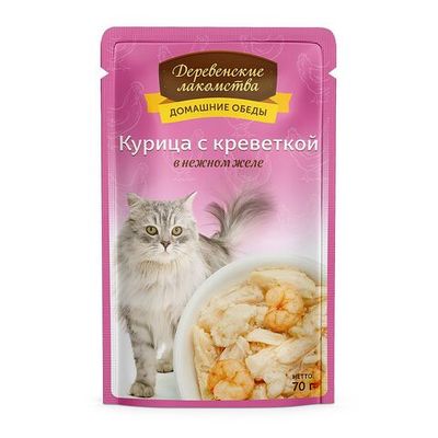 Влажный корм "Деревенские лакомства" для кошек из курицы с креветкой в нежном желе, пауч 70г