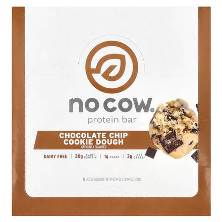 No Cow, Протеиновый батончик, тесто с шоколадной крошкой, 12 батончиков, 60 г (2,12 унции)