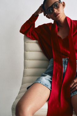 ZARA ДЖИНСОВЫЕ ШОРТЫ С ВЫСОКОЙ ПОСАДКОЙ, ГОЛУБОЙ