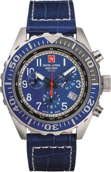 С ремешком Мужские наручные часы с синим кожаным ремешком Swiss Alpine Military 7076.9535 chrono 44mm 10ATM