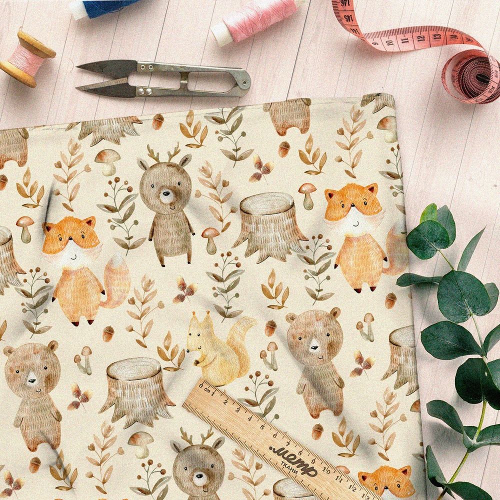 Ткань габардин лесные животные сказочные