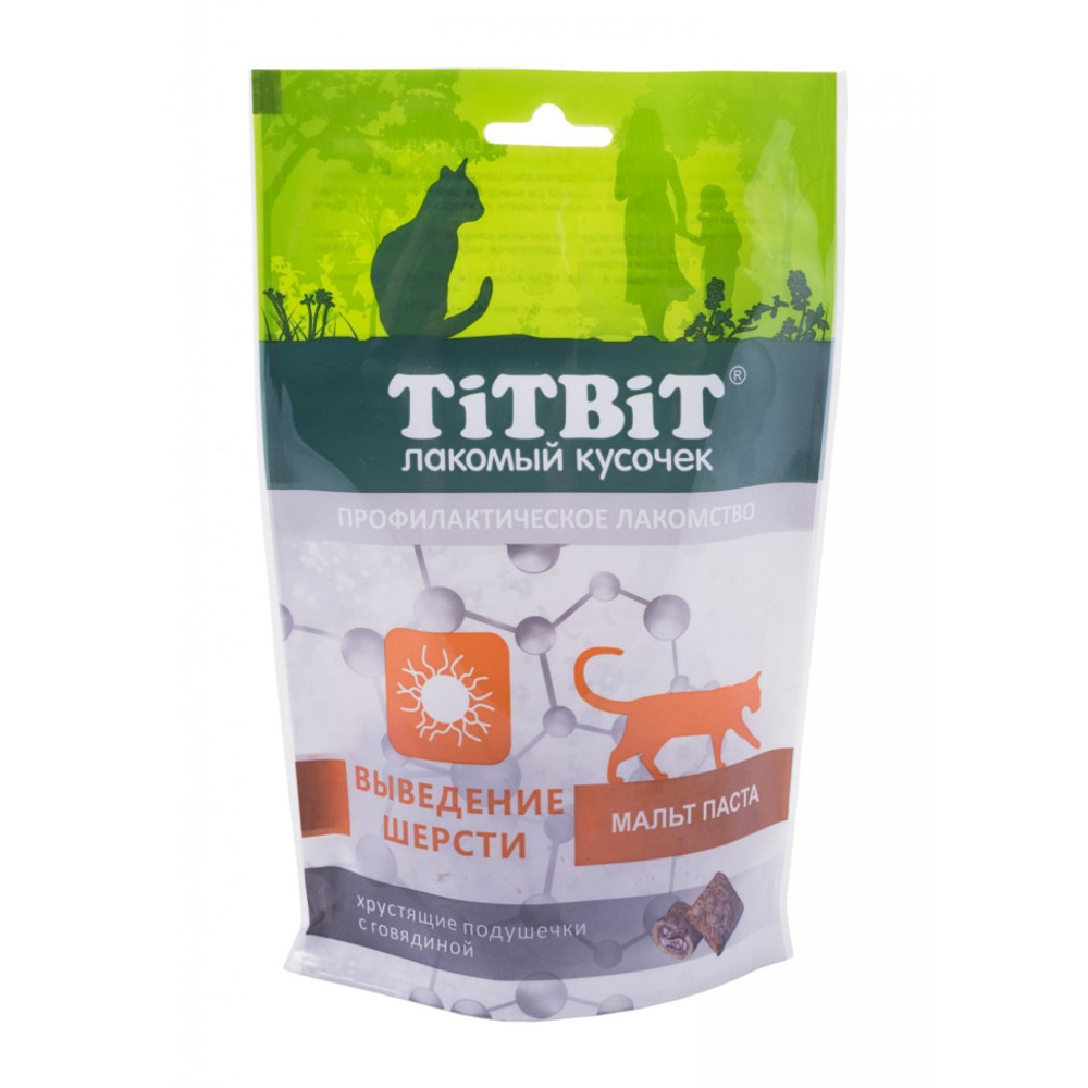 TITBIT Хрустящие подушечки для кошек вывод шерсти с говядиной 0,06 кг