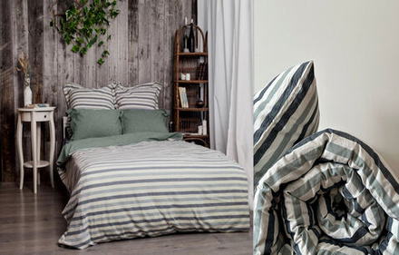 КПБ Дуэт с простыней на рез. 180х200 ВАРЕНЫЙ ХЛОПОК "Мята широкая полоса"