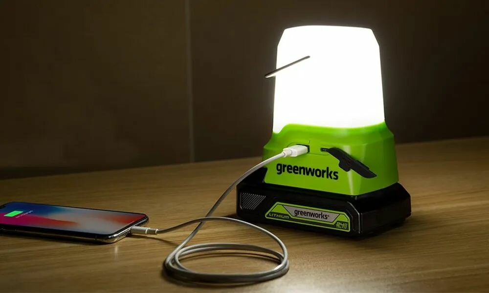 Фонарь аккум. GREENWORKS G24LA500 24В,500/300/100лм,два USB порта,без АКБ и ЗУ (3501007)