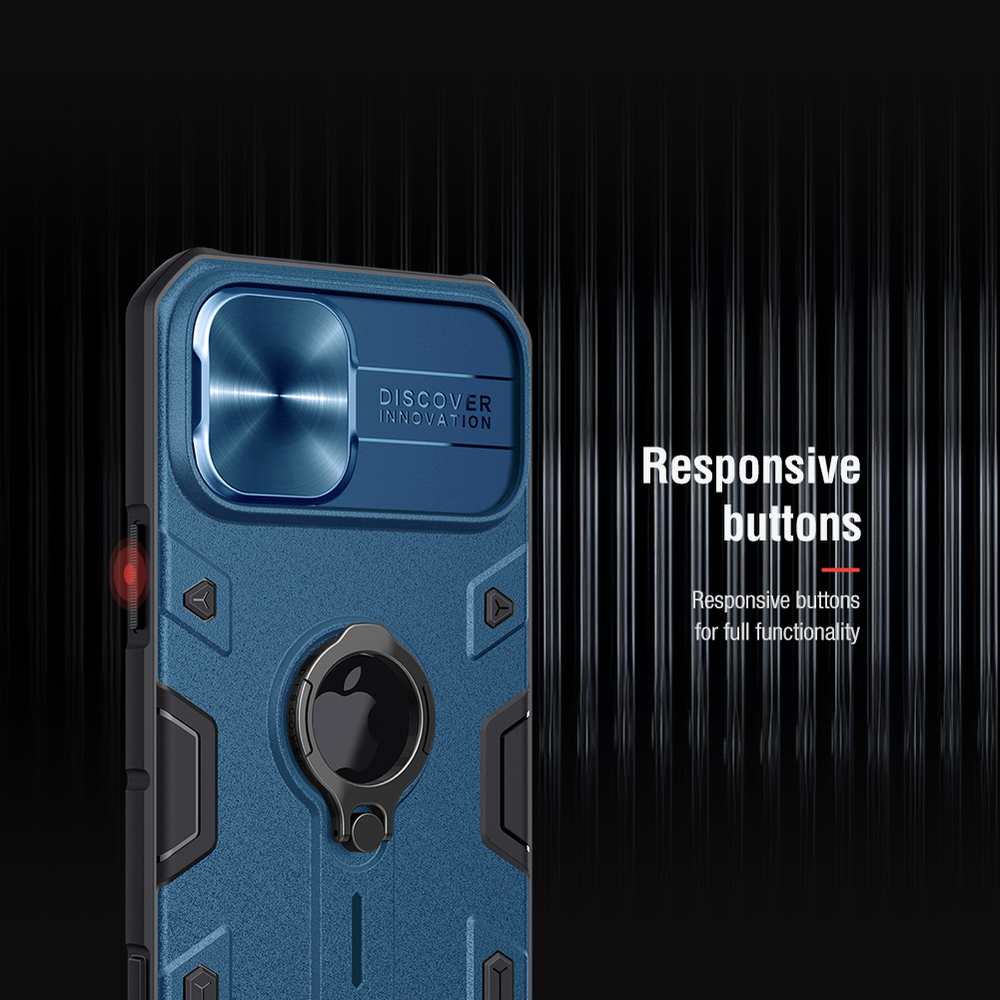 Чехол синего цвета на iPhone 12 Pro Max от Nillkin серии CamShield Armor Case с кольцом и металлической защитной шторкой для задней камеры