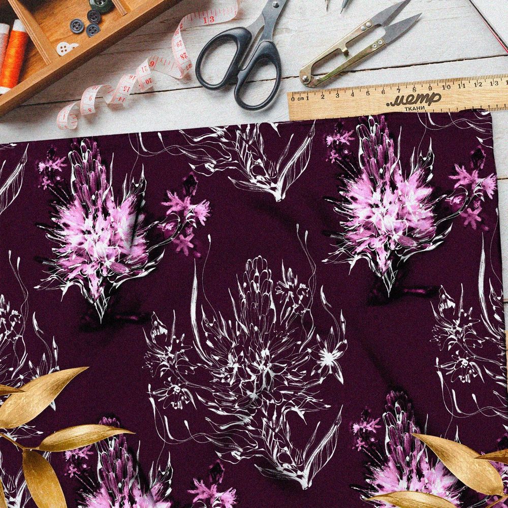 Ткань шифон бело-розовые воздушные растения