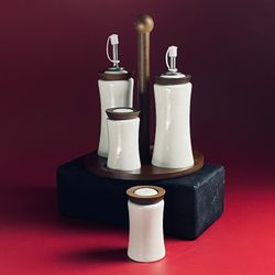 Lenardi 235-085 Набор солонок и бутылки для масла/уксуса 4пр. на подставке TROPICAL в под.уп.(х16)Фарфор