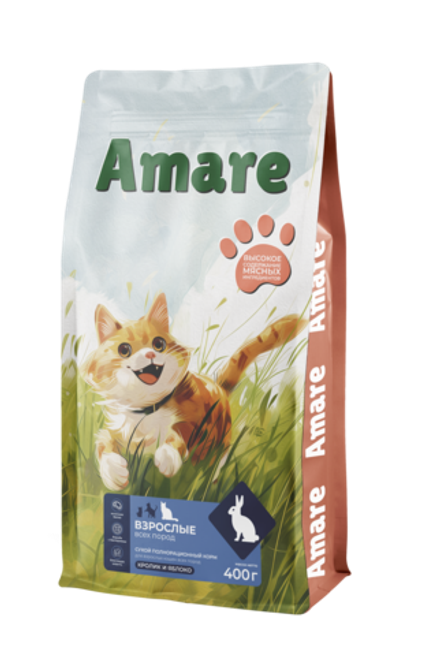 Amare Сухой полнорационный корм для взрослых кошек кролик и яблоко 400 г