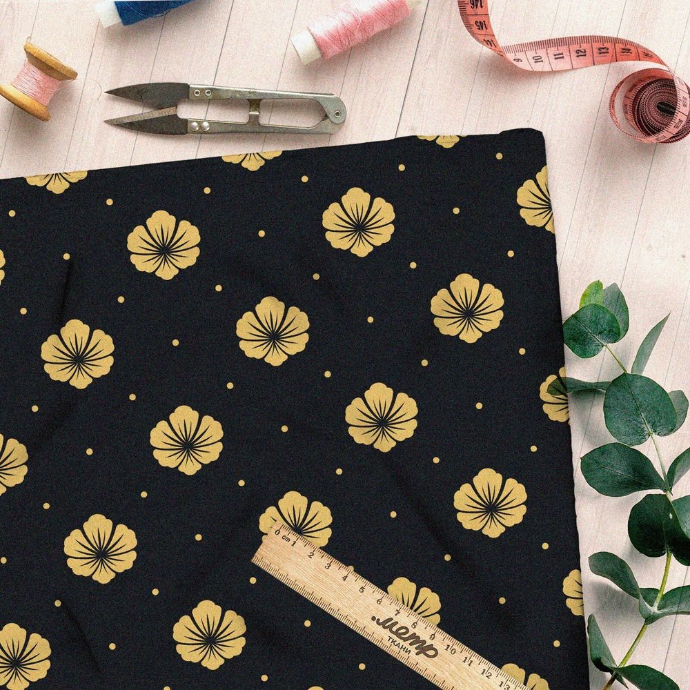 Ткань дюспо золотистые цветы на чёрном