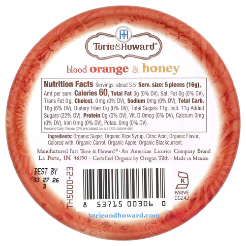 Torie & Howard, Органические леденцы, красный апельсин и мед, 57 г (2 унции)