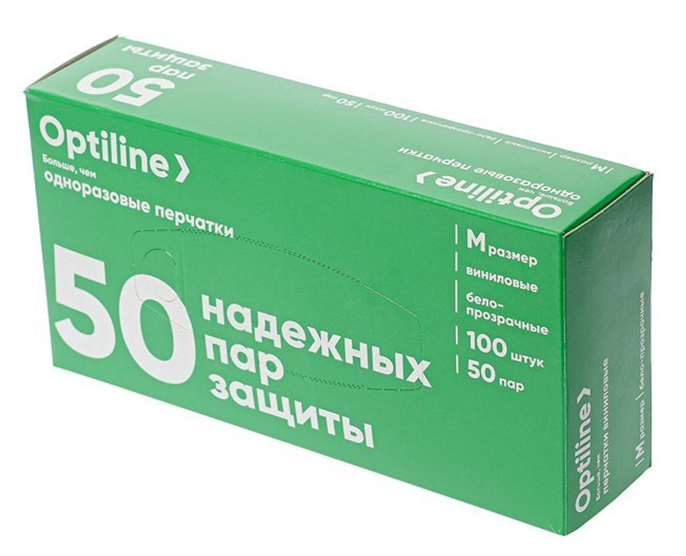 Перчатки виниловые Optiline, размер М, прозрачные, 100 штук