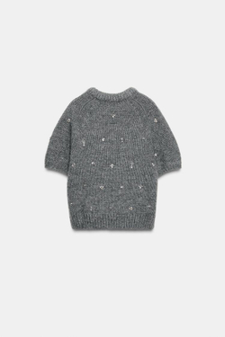 ZARA ТРИКОТАЖНЫЙ ДЖЕМПЕР СО СТРАЗАМИ, СЕРЫЙ