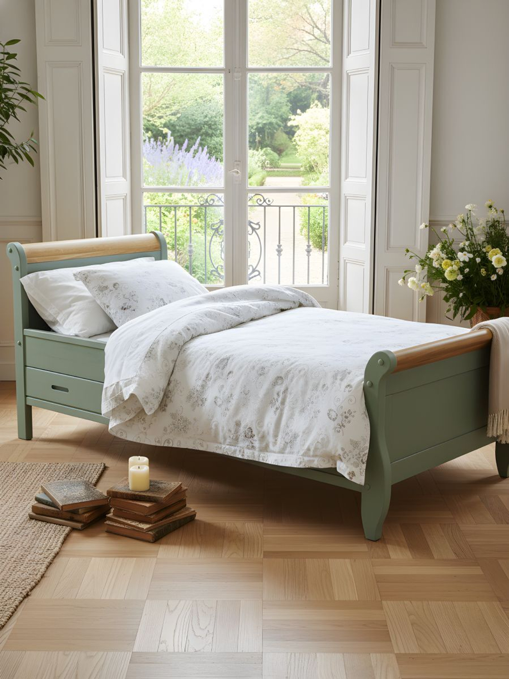 Кровать односпальная 90х200 Мелания с местом для хранения, ящик для белья, массив сосны и дуба, цвет эвкалипт, Dipriz