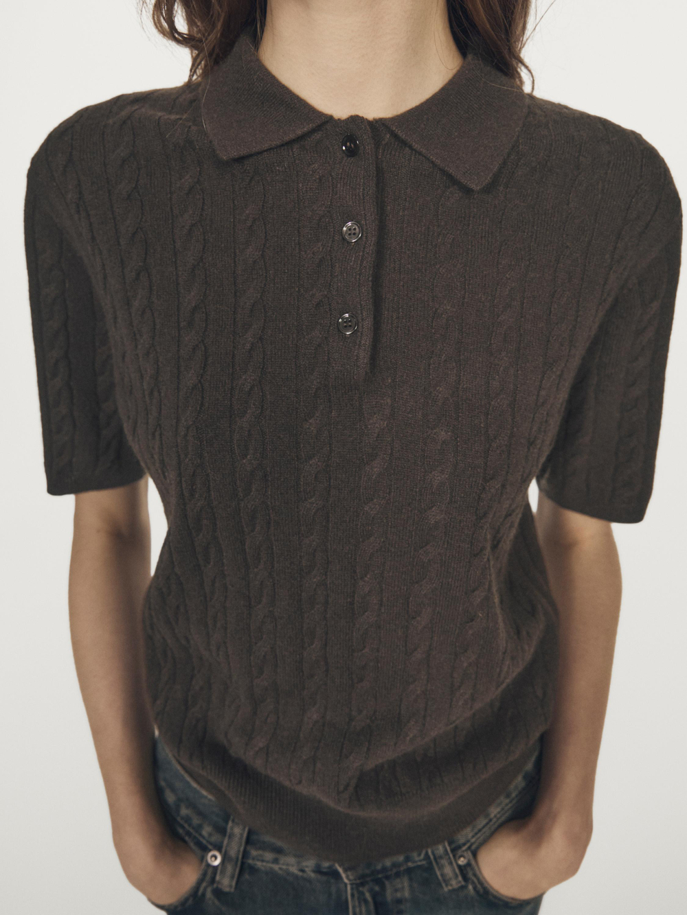 Massimo Dutti Футболка-поло из трикотажного трикотажа с короткими рукавами, шоколадно-коричневый