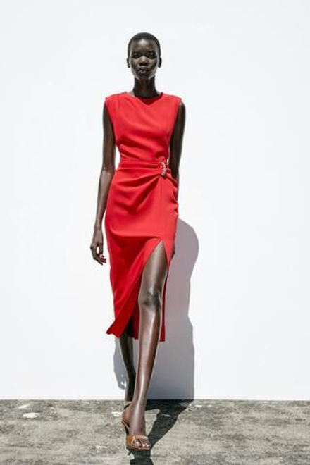 ZARA ПЛАТЬЕ МИДИ С БИСЕРОМ, КРАСНЫЙ