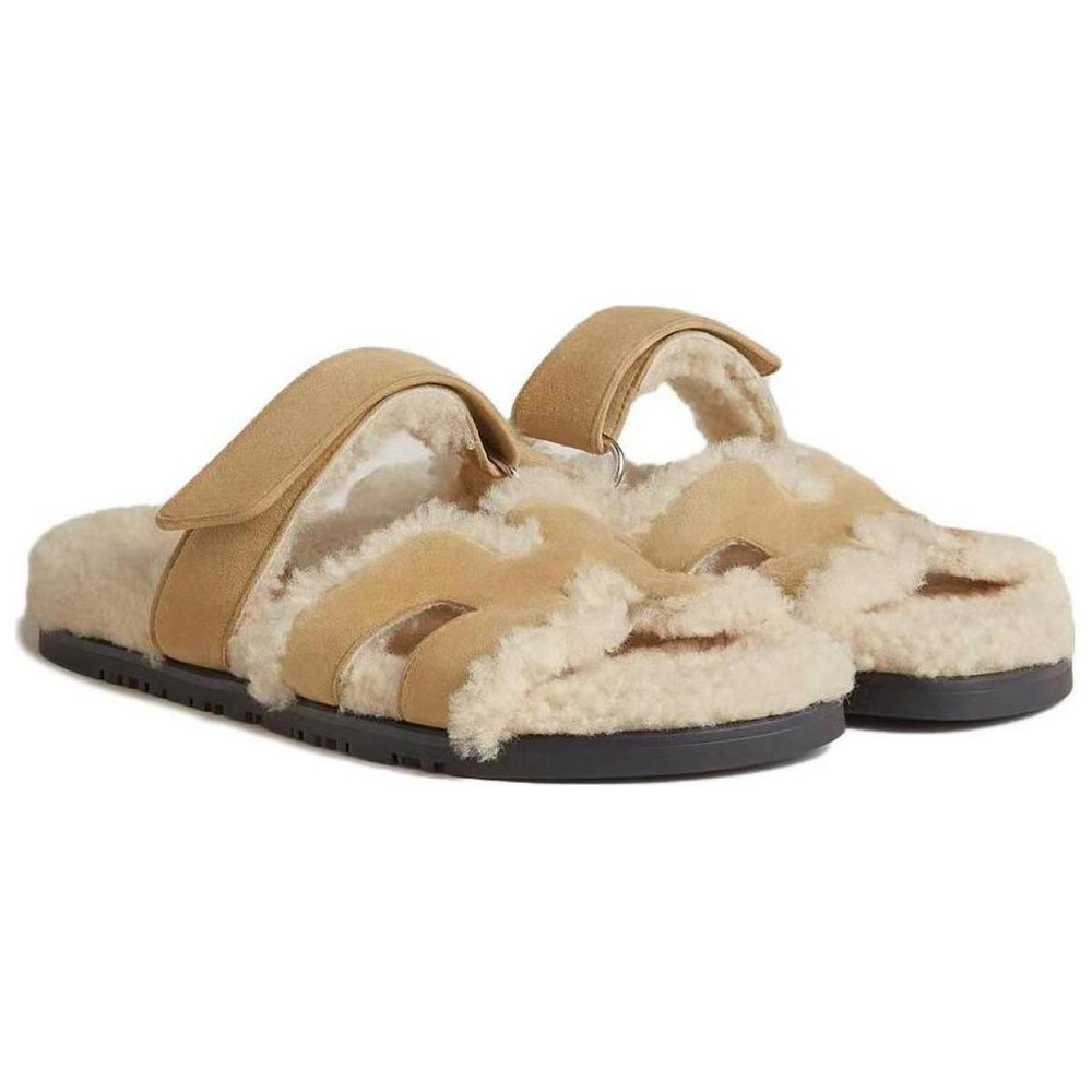 Hermes Chypre comfortable and lightweight rubber-soled casual slippers women's beige, H222195Z VD