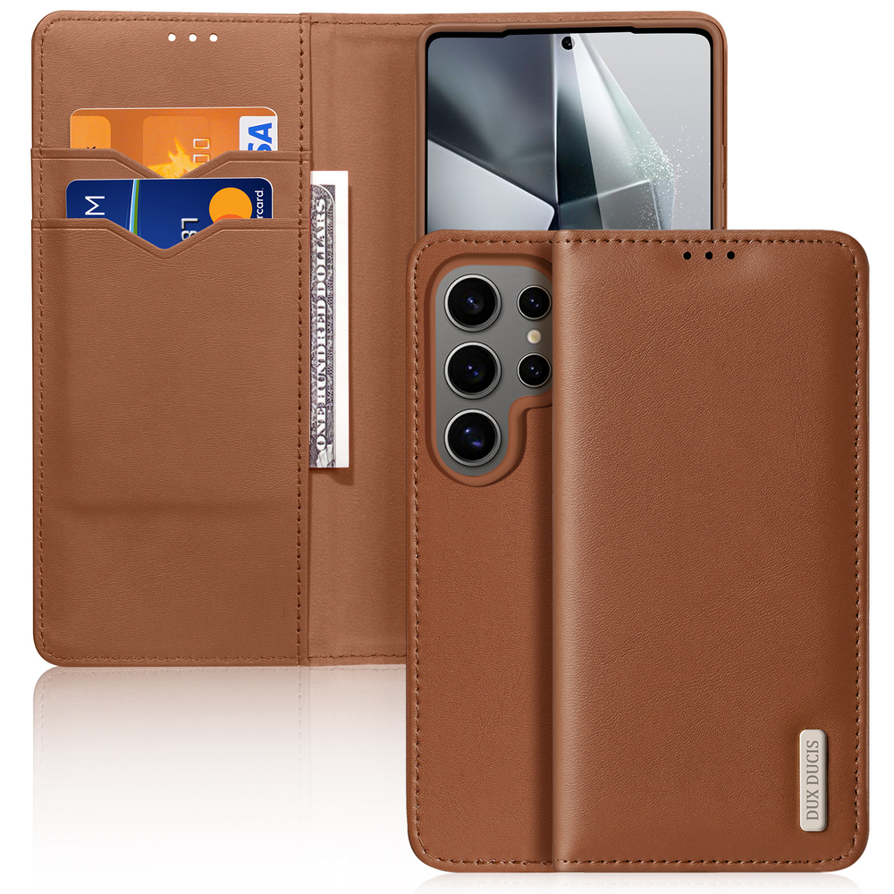 Чехол книжка из натуральной кожи коричневого цвета с защитой RFID от Dux Ducis для Samsung Galaxy S25 Ultra, серия Hivo Series Case