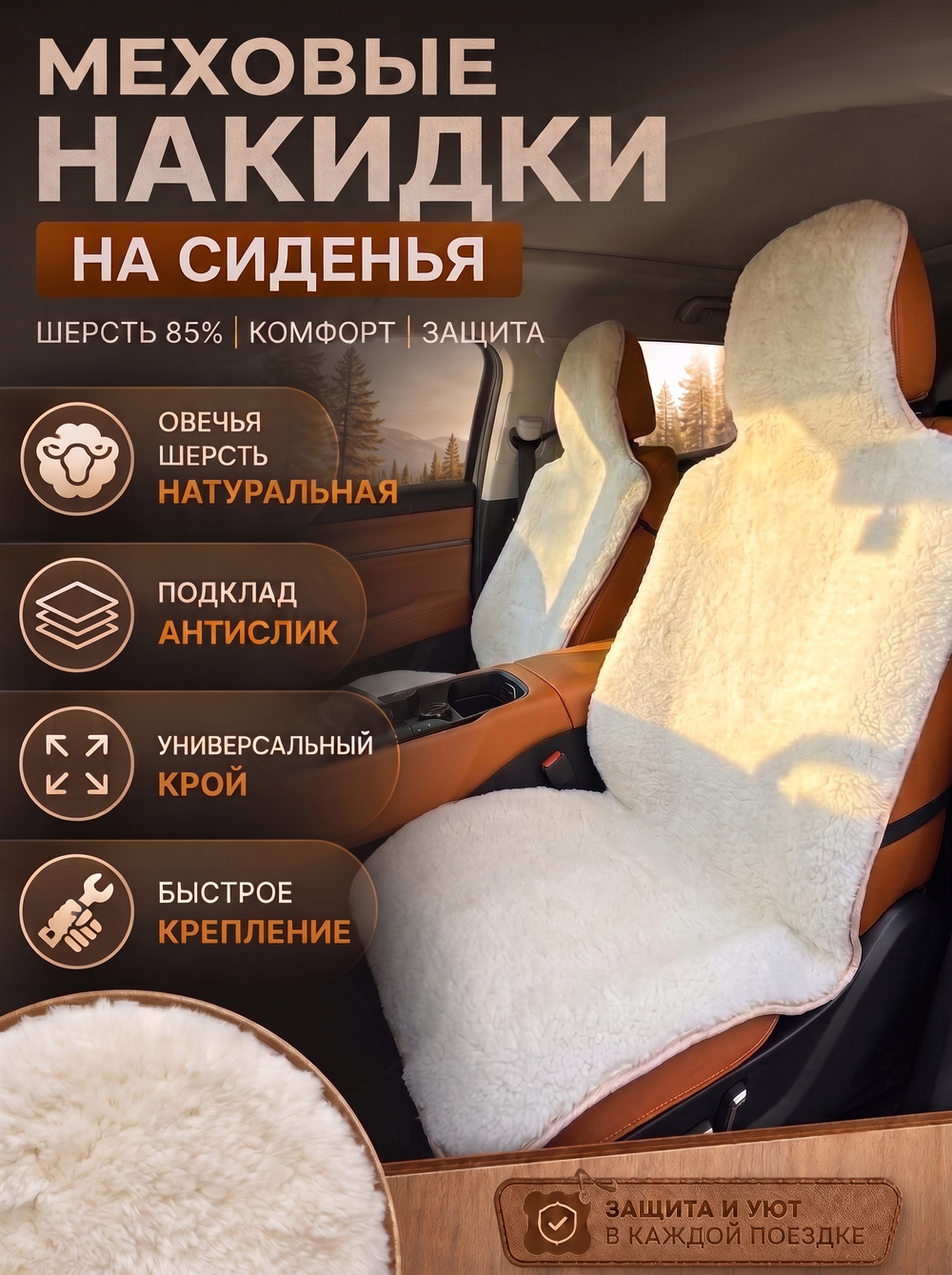 Накидки (2шт) чехлы на сиденье из овечьей шерсти 85%