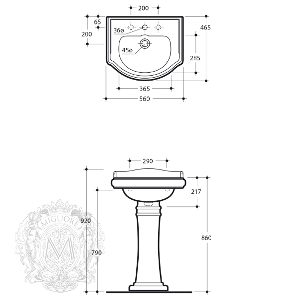 Раковина Bella Migliore  55см. ML.BLL-25.055.BI схема