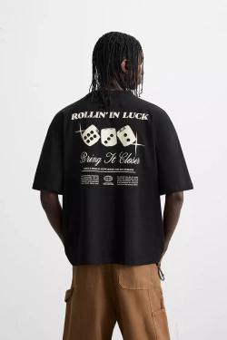 ZARA ФУТБОЛКА С ПРИНТОМ В ВИДЕ КУБИКОВ, ЧЕРНЫЙ