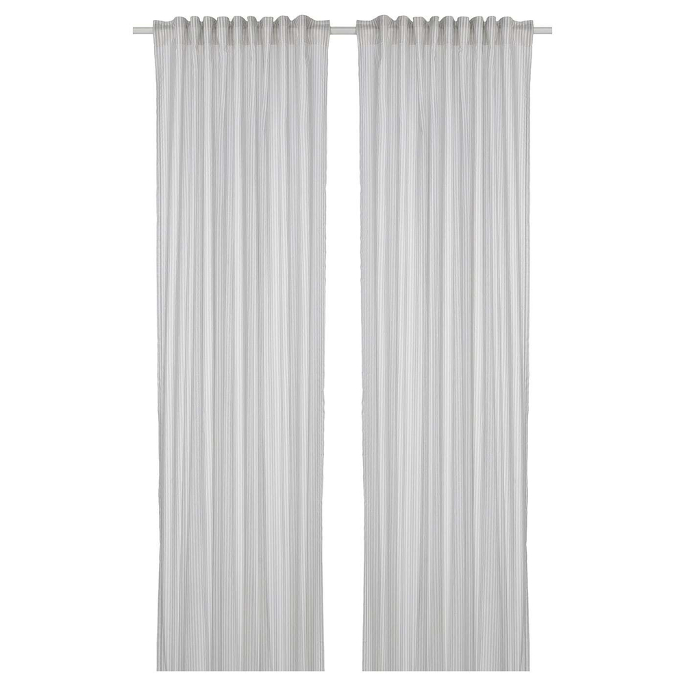 IKEA BYMOTT  (ИКЕА БЙМОТТ)  -  Штора, 2 шт, на ленте/белый/светло-серый в полоску, 120x300 см