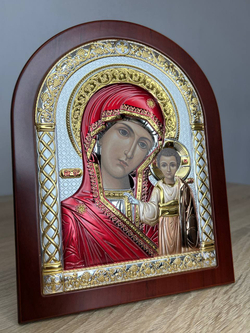 Казанская БМ, икона арочная, красное дерево, эмаль 175х225