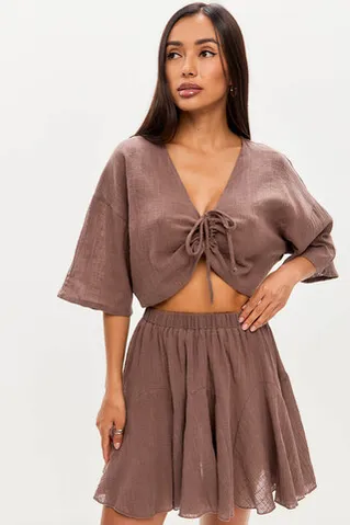 Юбка мини из хлопка stone wash шоколадного цвета