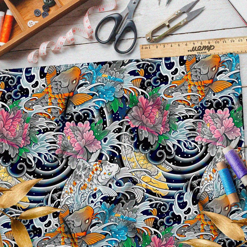 Ткань лён японские карпы с бутонами на волнах