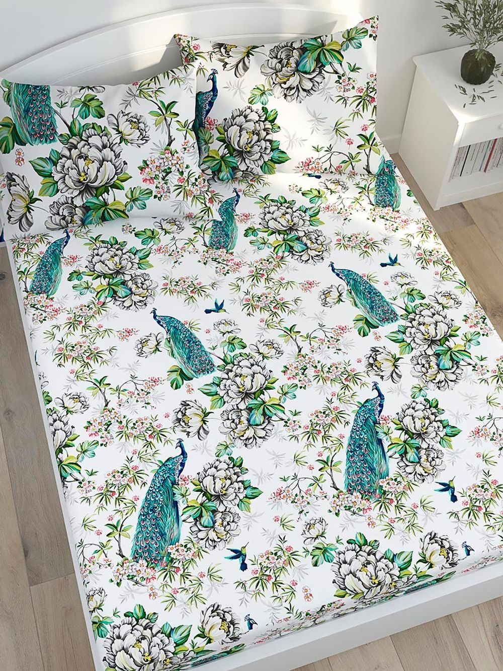 Постельное белье Сказка "Павлины" семейное Наволочка 50х70 см 2 шт Простынь на резинке 160х200 см Пододеяльник 145х215 см(2шт) , поплин