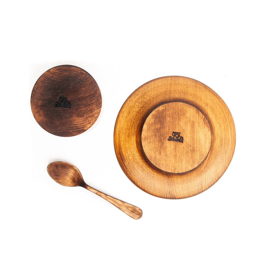 Деревянный набор - кофейная пара и ложка из древесины кедра. NC18