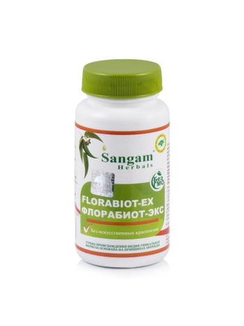 БАД Sangam Herbals Florabiot-Ex Флорабиот-Экс (750 мг) 60 для восстановления нормальной микрофлоры тонкого кишечника. Улучшает работу печени, стимулирует работу желчного пузыря и всей пищеварительной системы. Устраняет симптомы вялого кишечника. Эффективен во время сезонных вирусных заболеваний, для восстановления после перенесенных инфекций, после и во время приема курсов антибиотиков. Поддерживает защитные силы организма, улучшает