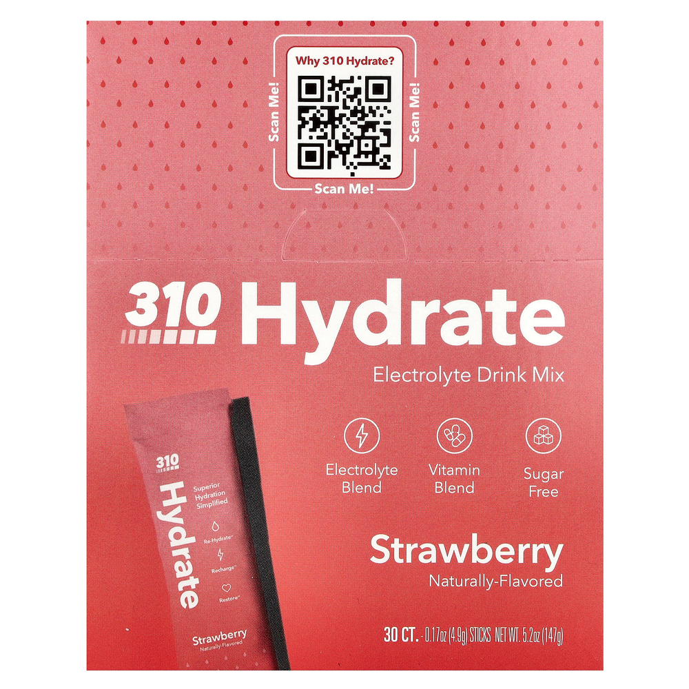 310 Nutrition, Hydrate, смесь для приготовления электролитов, клубника, 30 стиков по 4,9 г (0,17 унции)