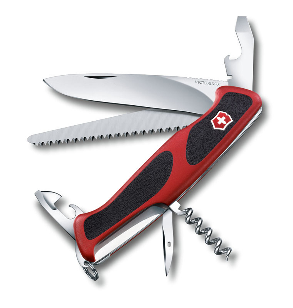 Качественный маленький брендовый фирменный швейцарский складной перочинный нож 130 мм с фиксатором лезвия, красный с чёрным 12 функций Victorinox RangerGrip VC-0.9563.C