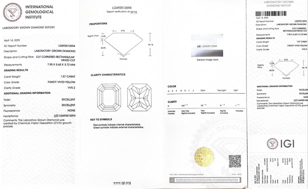 Лабораторно-выращенный бриллиант радиант 7.95 х 5.63 х 3.72 мм 1.57 ct