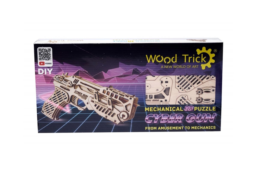 Кибер Пистолет с мишенями от Wood Trick - Деревянный конструктор, резинкострел, сборная модель, 3D пазл